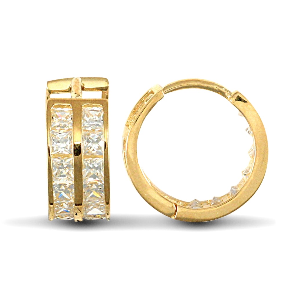 Solid 9ct Yellow Gold White Princess Cut Cubic Zirconia 2 Row Eternity 5mm Huggie Hoop Earrings 12mm