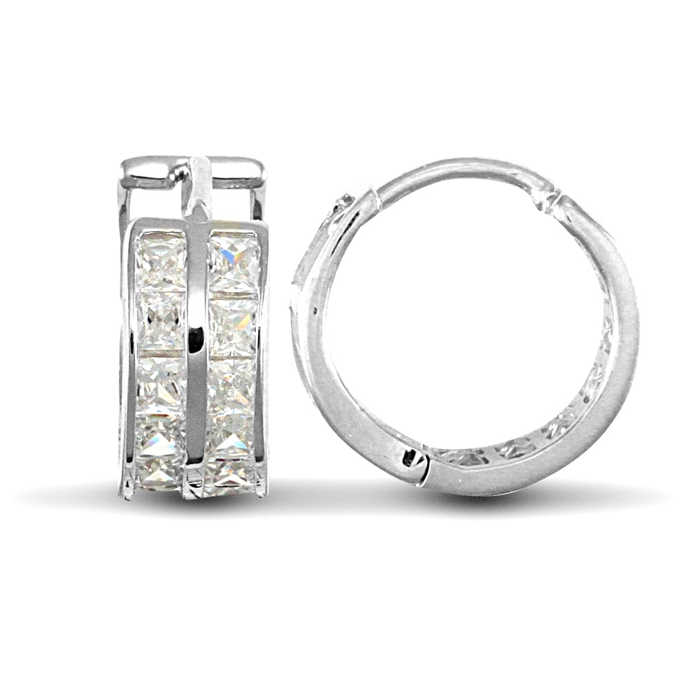 Solid 9ct White Gold White Princess Cut Cubic Zirconia 2 Row Eternity 5mm Huggie Hoop Earrings 12mm