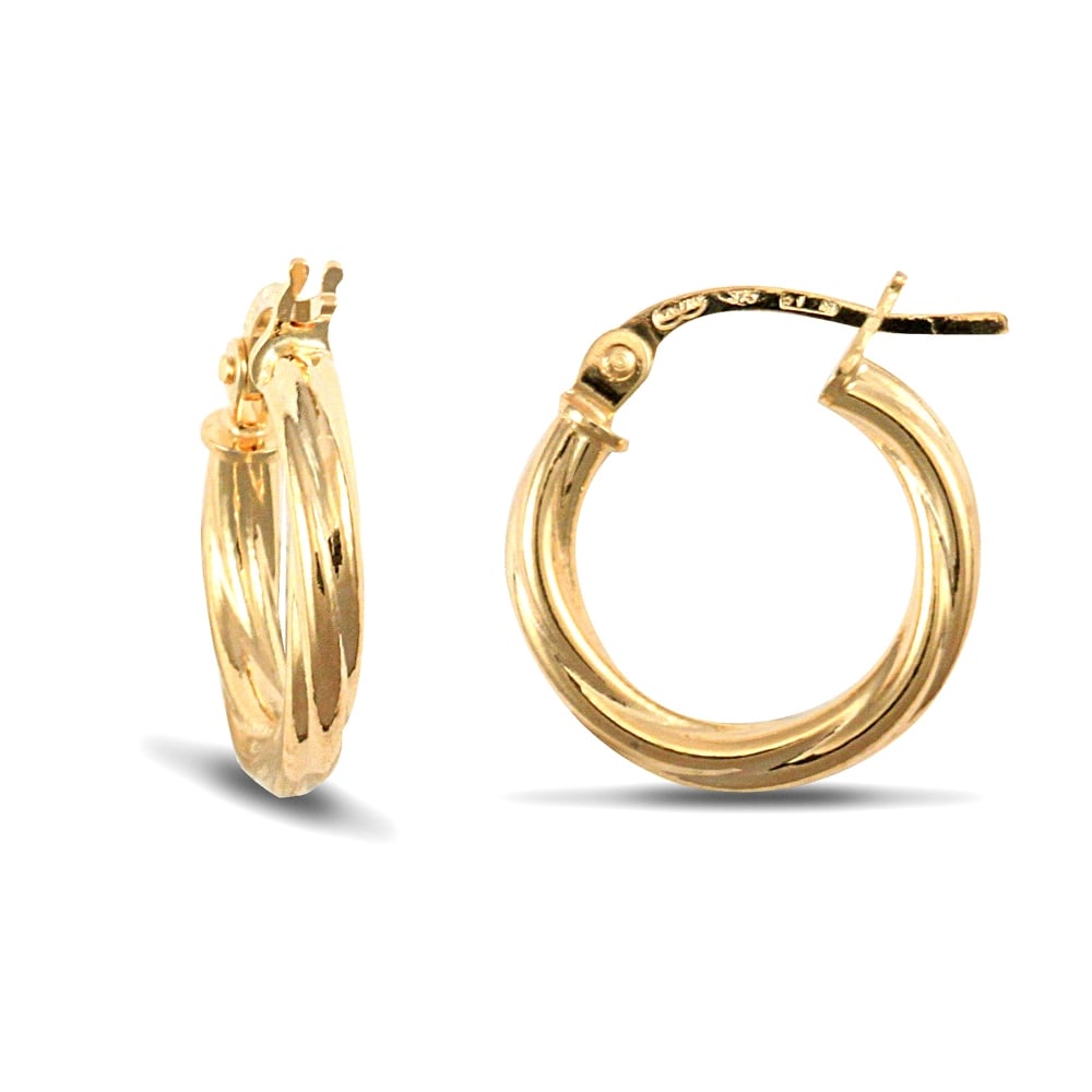 Ladies 9ct Yellow Gold Twisted 2.5mm Hoop Earrings 13mm