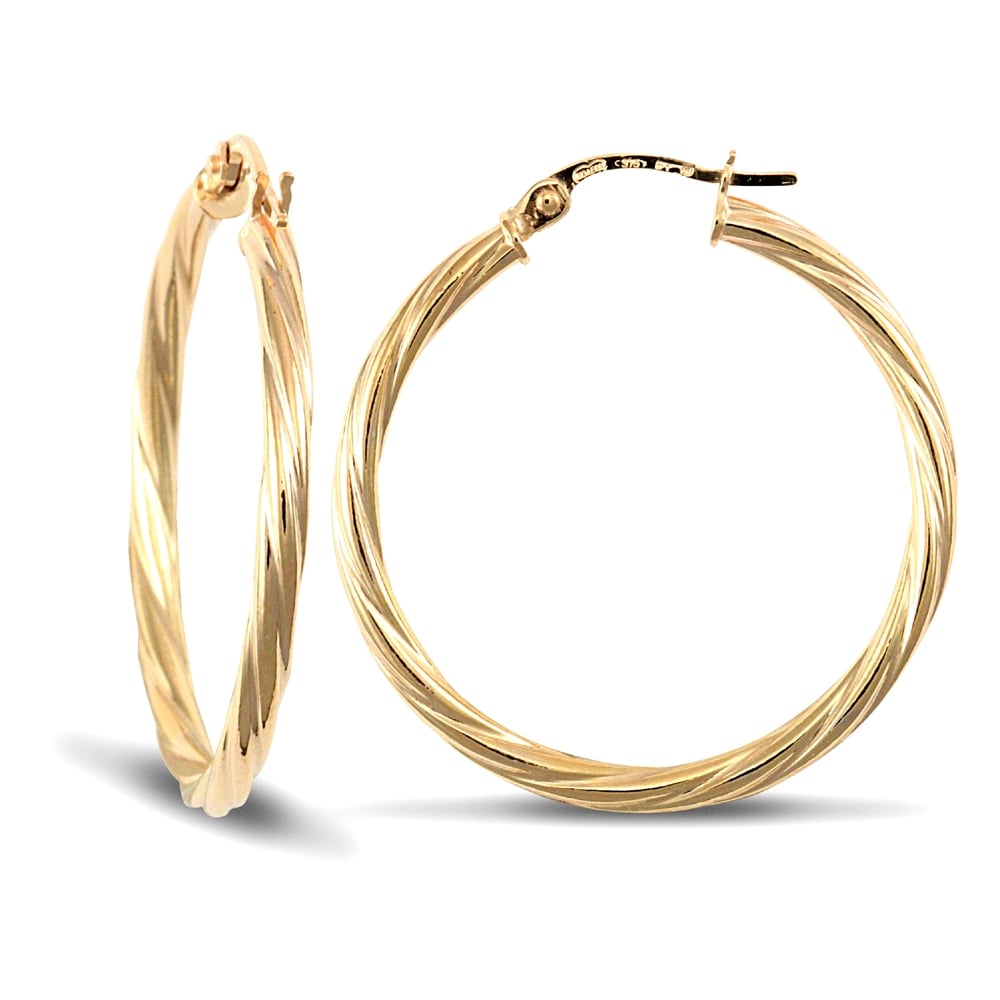 Ladies 9ct Yellow Gold Twisted 2.5mm Hoop Earrings 30mm