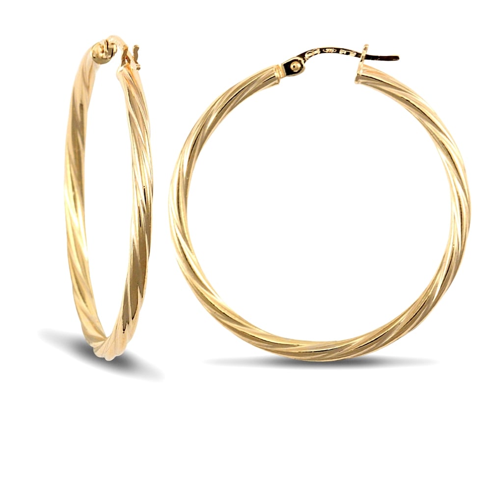 Ladies 9ct Yellow Gold Twisted 2.5mm Hoop Earrings 34mm