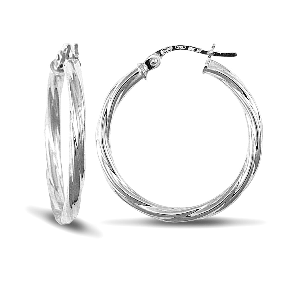 Ladies 9ct White Gold Twisted 2.5mm Hoop Earrings 25mm