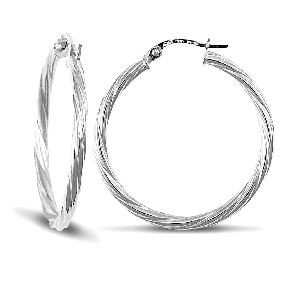 Ladies 9ct White Gold Twisted 2.5mm Hoop Earrings 30mm
