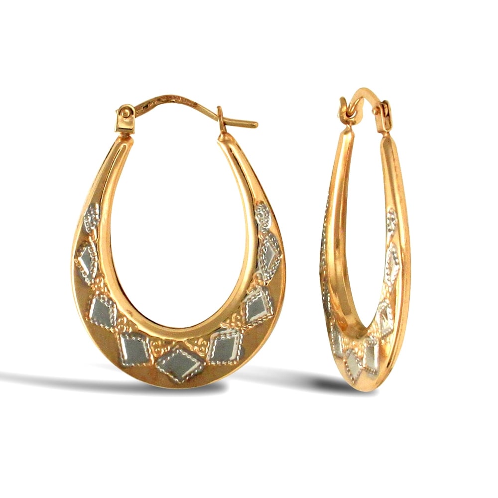 Ladies 9ct Yellow and White Gold Pear Shape Diamond Pattern Creole Earrings