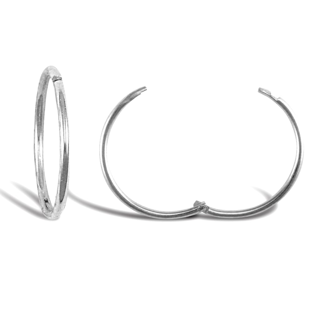 Solid 9ct White Gold Hinged Sleeper 1mm Hoop Earrings 15mm