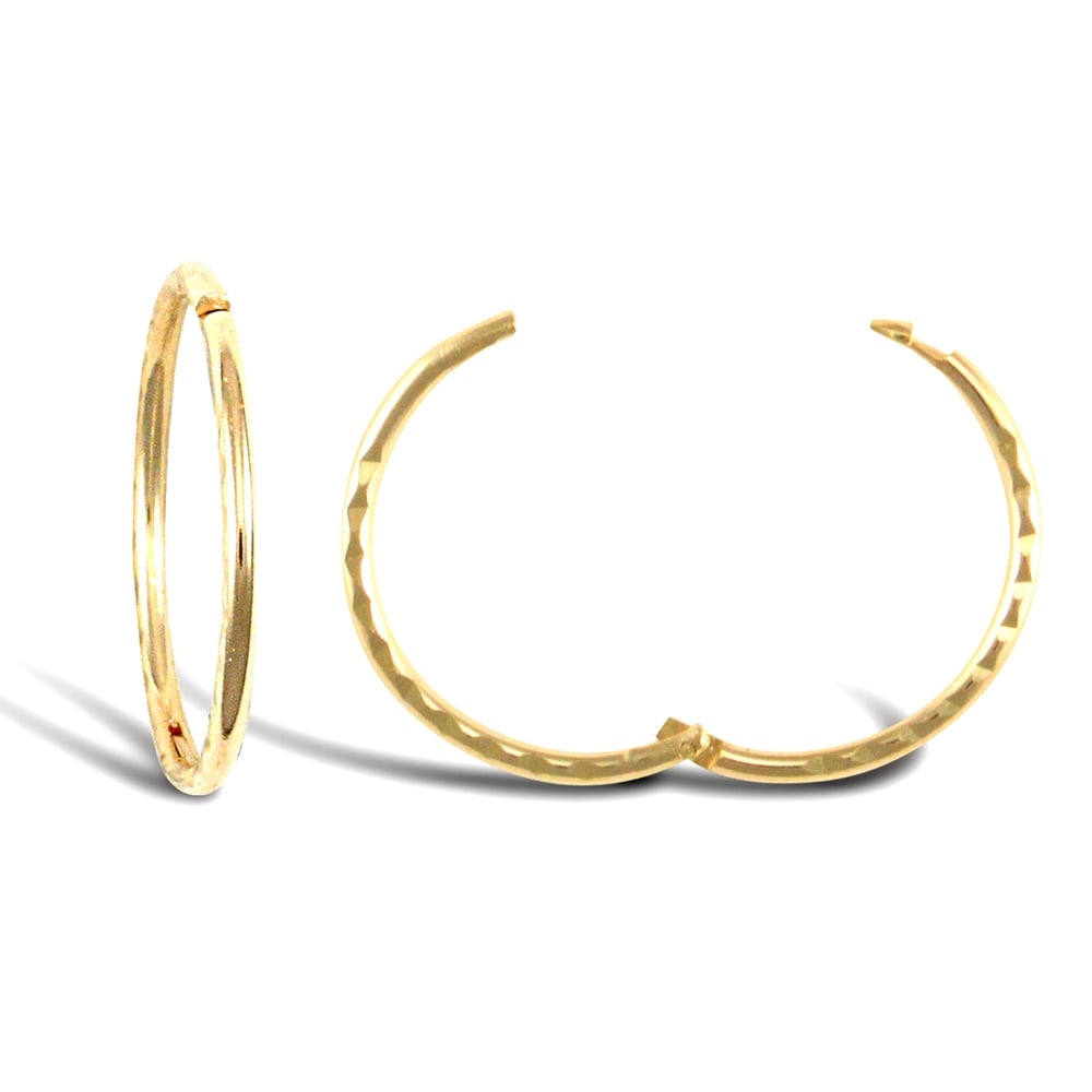 Solid 9ct Yellow Gold Diamond Cut Hinged Sleeper 1mm Hoop Earrings 13mm
