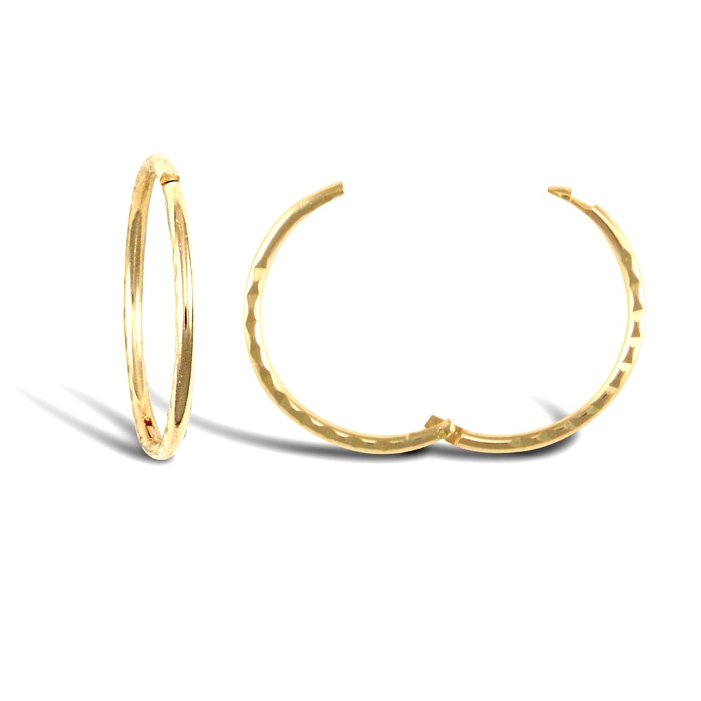 Solid 9ct Yellow Gold Diamond Cut Hinged Sleeper 1mm Hoop Earrings 15mm