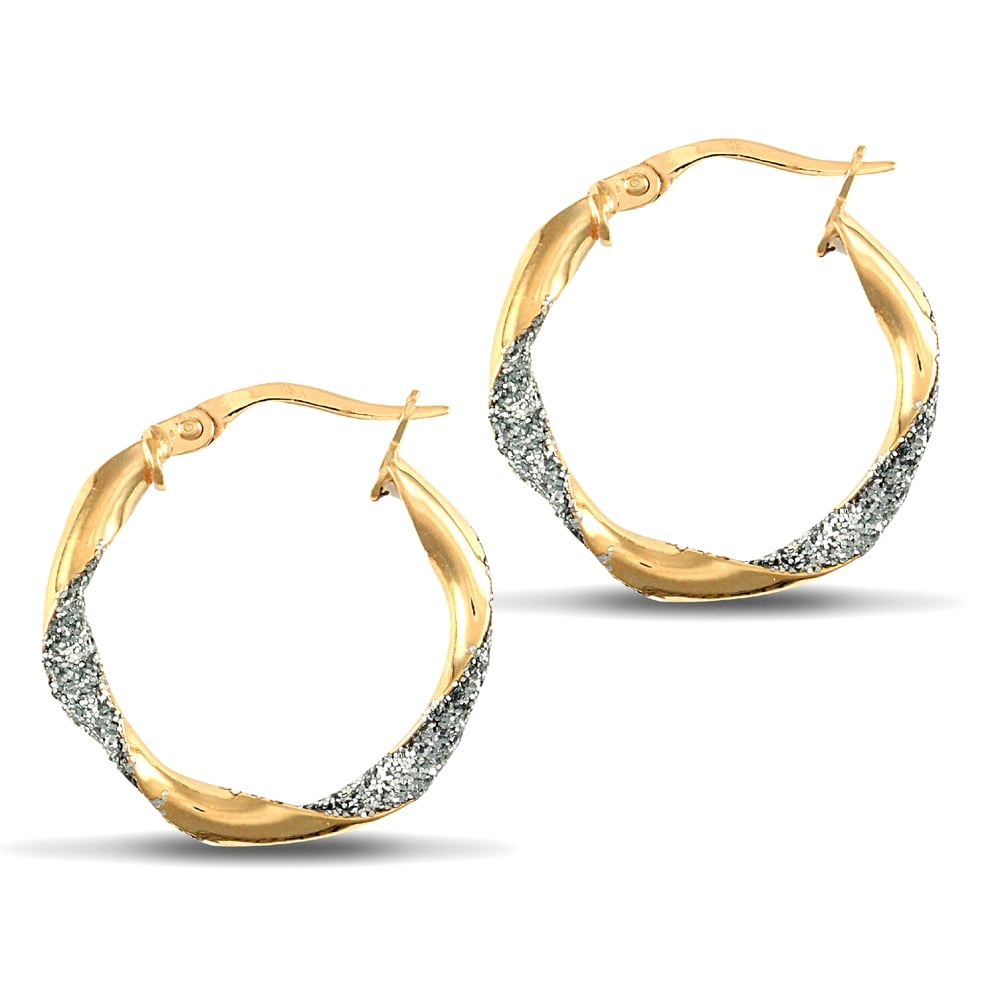 Ladies 9ct Yellow and White Gold Crushed Ice Glitter Twist 3mm Hoop Earrings 21mm