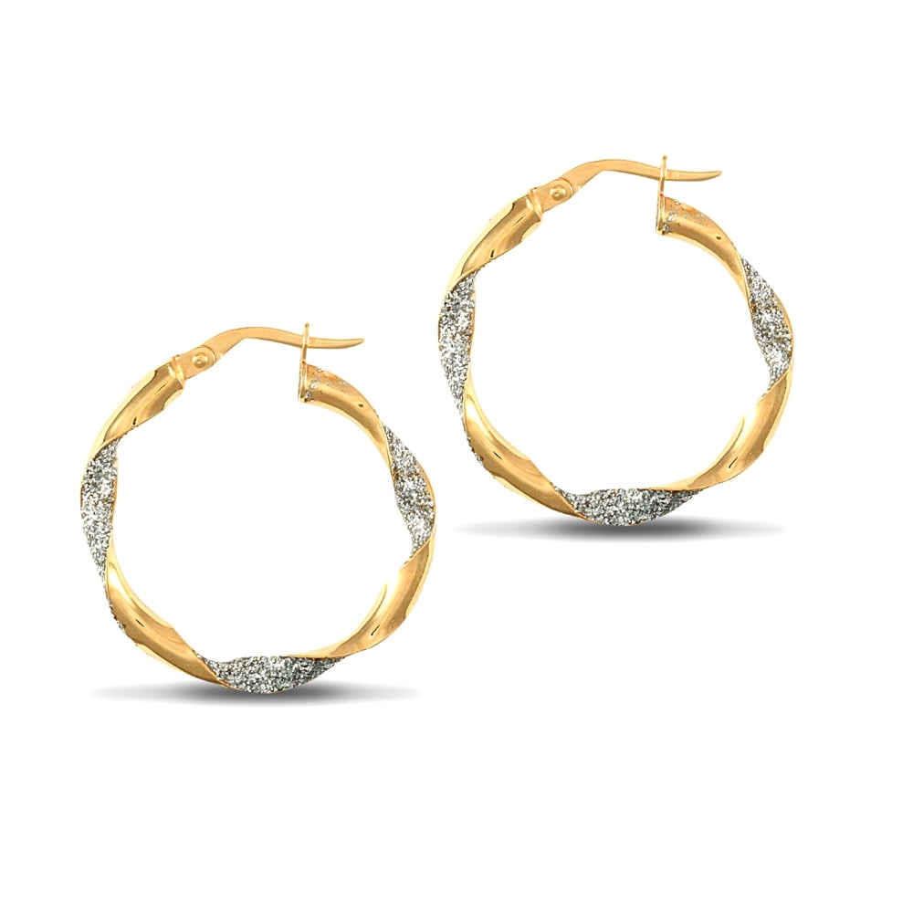 Ladies 9ct Yellow and White Gold Crushed Ice Glitter Twist 3mm Hoop Earrings 25mm