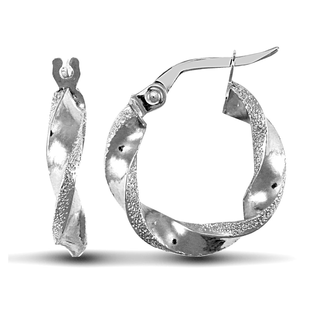 Ladies 9ct White Gold Frosted Edge Twisted 3mm Hoop Earrings 17mm