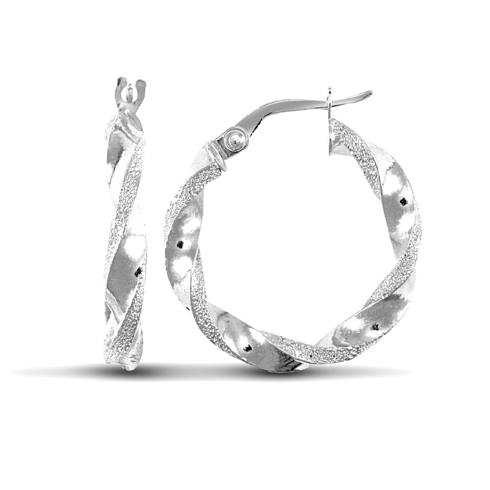 Ladies 9ct White Gold Frosted Edge Twisted 3mm Hoop Earrings 22mm