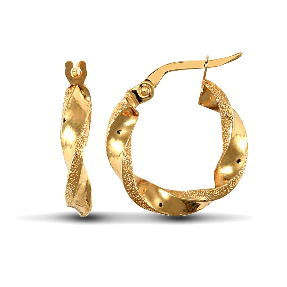 Ladies 9ct Yellow Gold Frosted Edge Twisted 3mm Hoop Earrings 17mm