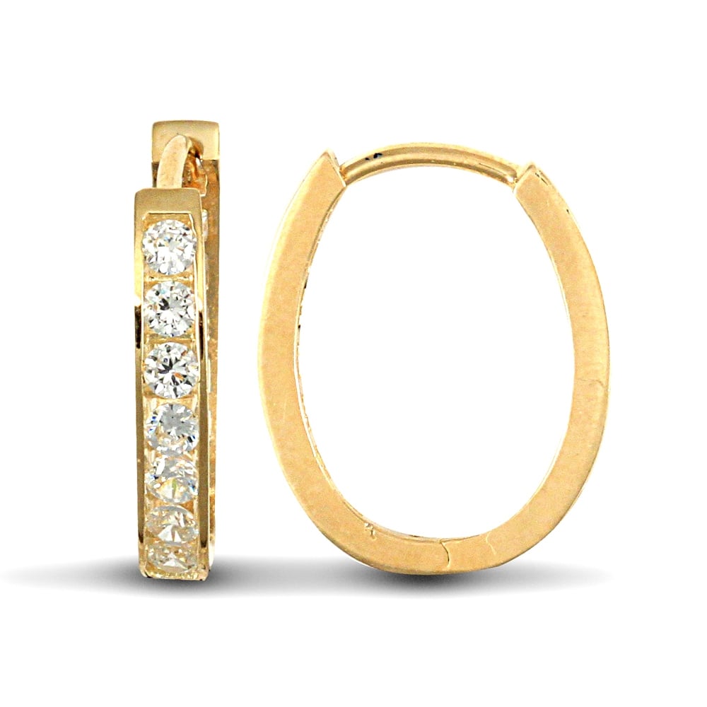 Ladies Solid 9ct Yellow Gold White Round Brilliant Cubic Zirconia Oval Huggie Hoop Earrings
