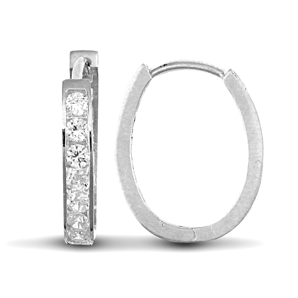 Ladies Solid 9ct White Gold White Round Brilliant Cubic Zirconia Oval Huggie Hoop Earrings
