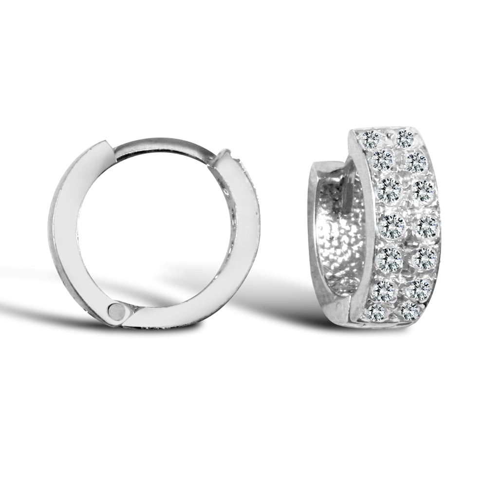 Ladies Solid 9ct White Gold White Round Brilliant Cubic Zirconia 2 Row Eternity 4mm Huggie Hoop Earrings 11mm