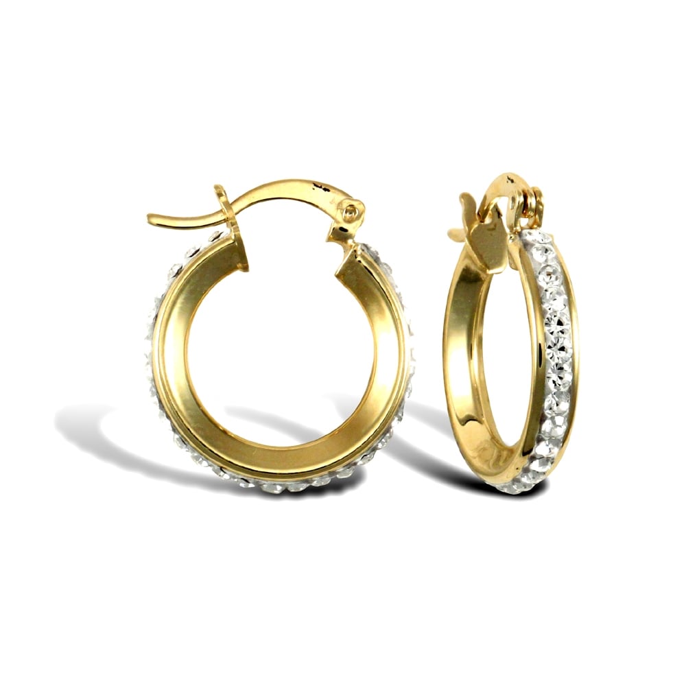 Ladies 9ct Yellow Gold White Round Crystal Eternity 3mm Hoop Earrings 16mm
