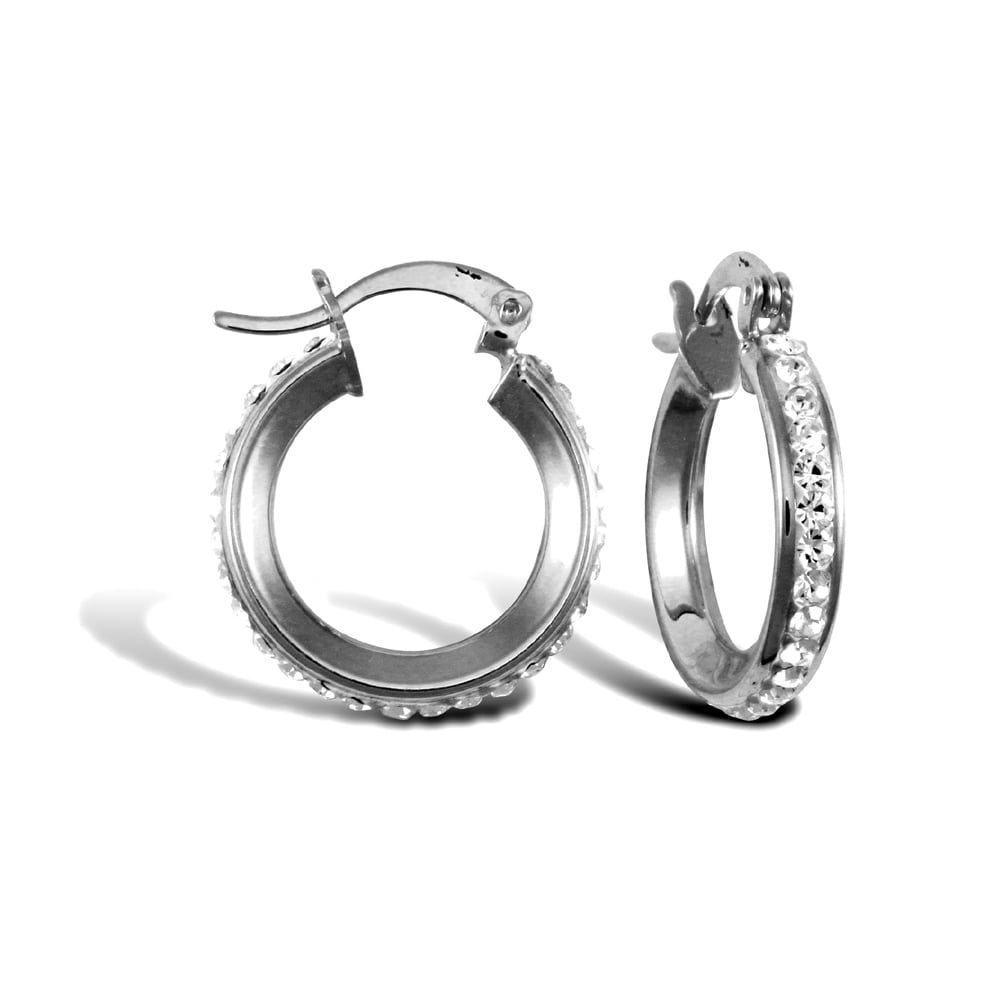 Ladies 9ct White Gold White Round Crystal Eternity 3mm Hoop Earrings 16mm