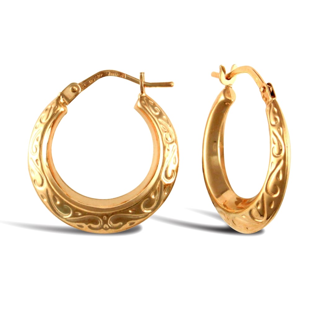 Ladies 9ct Yellow Gold Floral Engraved Creole Earrings 18mm