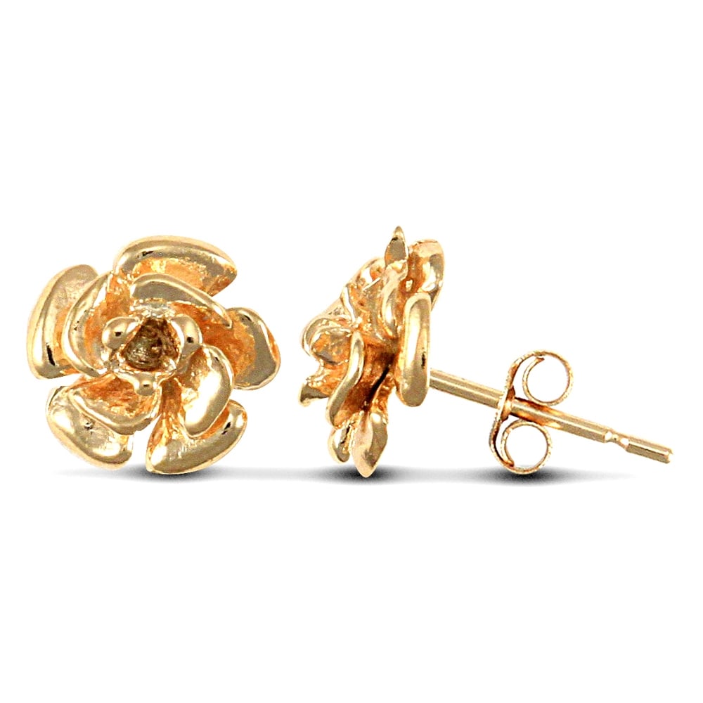 Ladies 9ct Yellow Gold Rose Flower Petals Stud Earrings