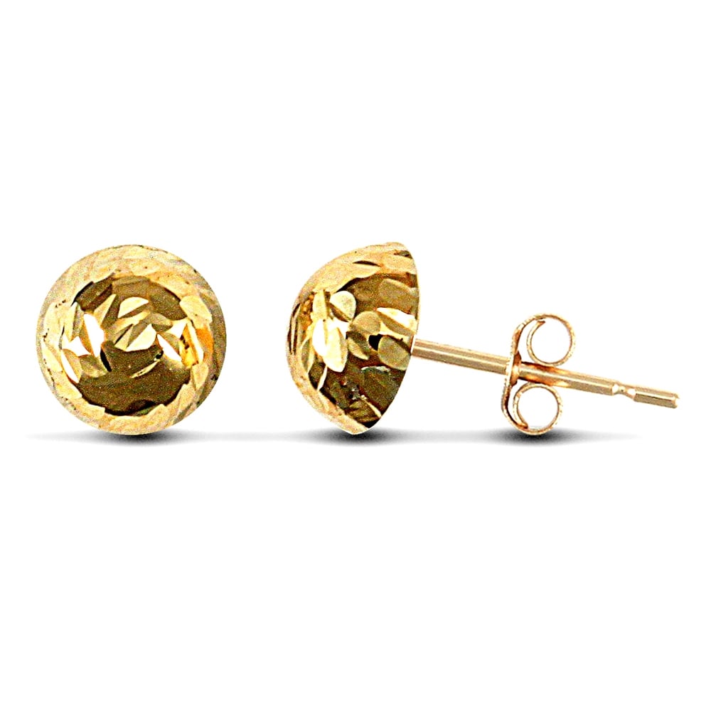 Ladies 9ct Yellow Gold Diamond Cut Half Ball Stud Earrings, 7mm
