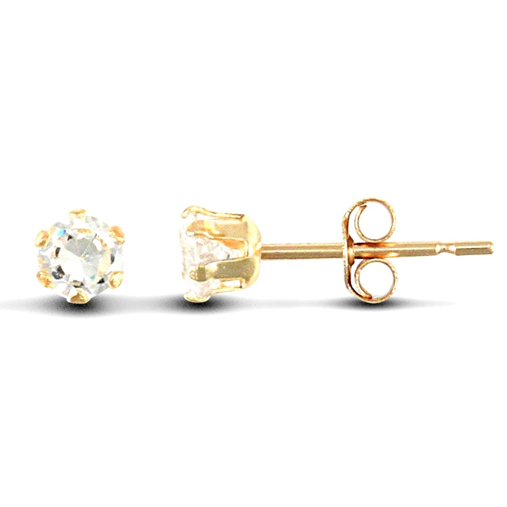 9ct Yellow Gold White Round Brilliant Cubic Zirconia 6 Claw Solitaire Stud Earrings, 3mm