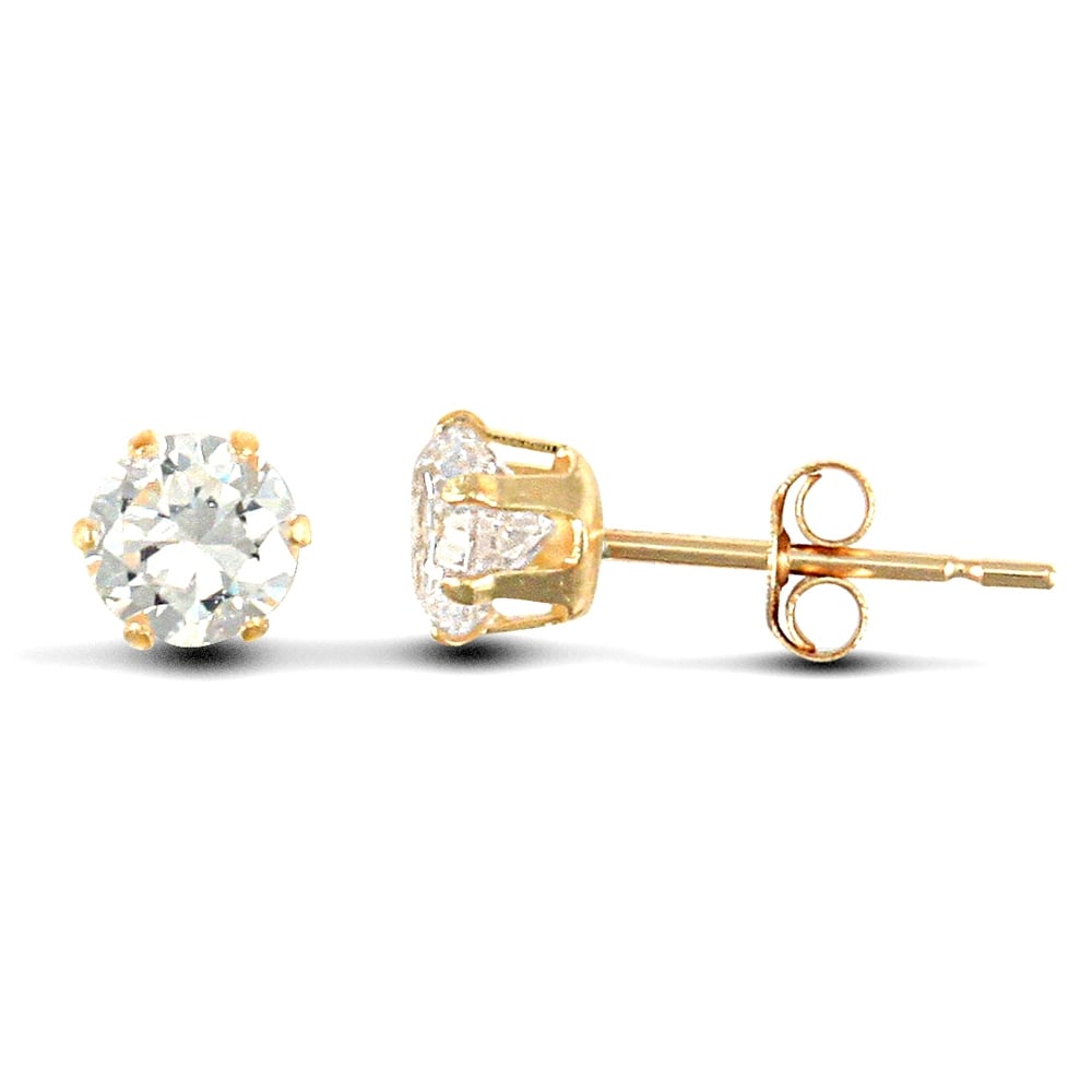 9ct Yellow Gold White Round Brilliant Cubic Zirconia 6 Claw Solitaire Stud Earrings, 4mm