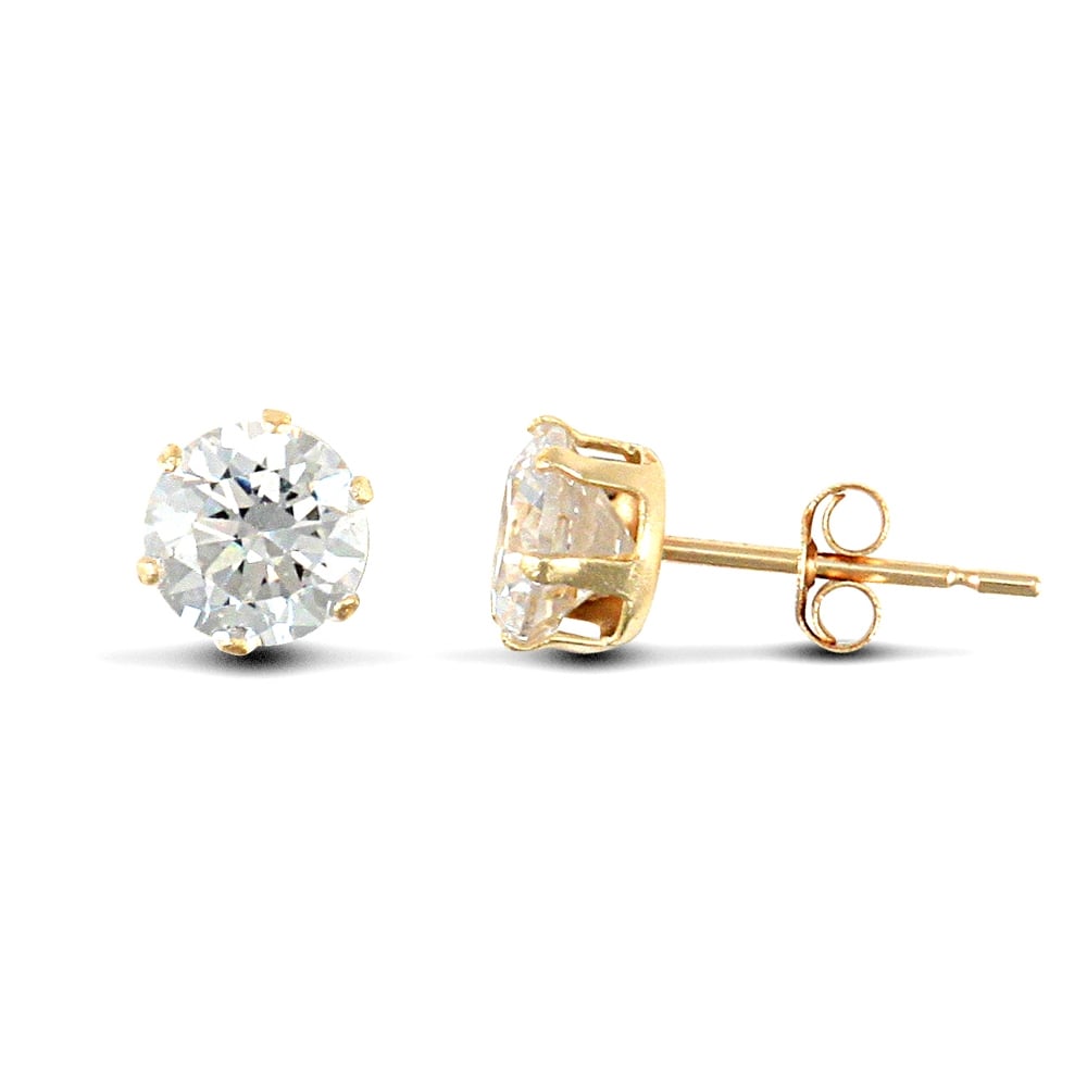 9ct Yellow Gold White Round Brilliant Cubic Zirconia 6 Claw Solitaire Stud Earrings, 5mm