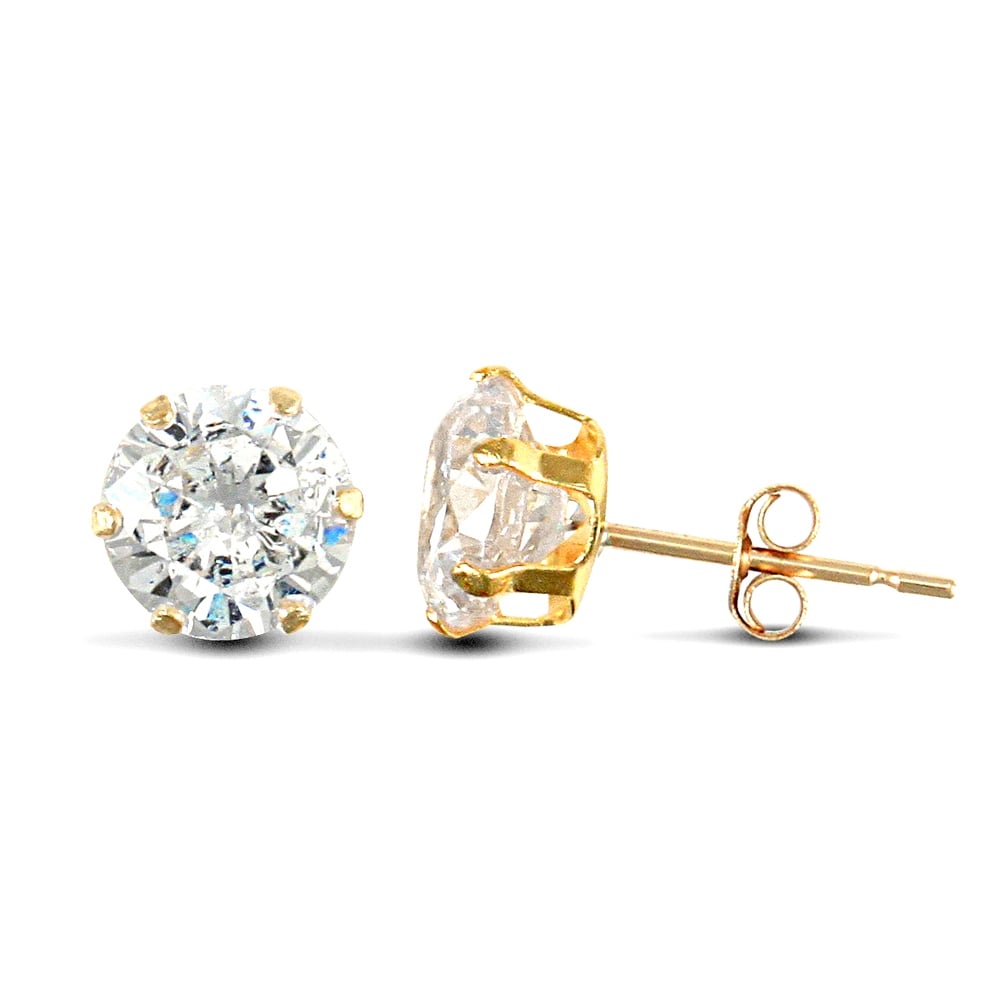 9ct Yellow Gold White Round Brilliant Cubic Zirconia 6 Claw Solitaire Stud Earrings, 6mm
