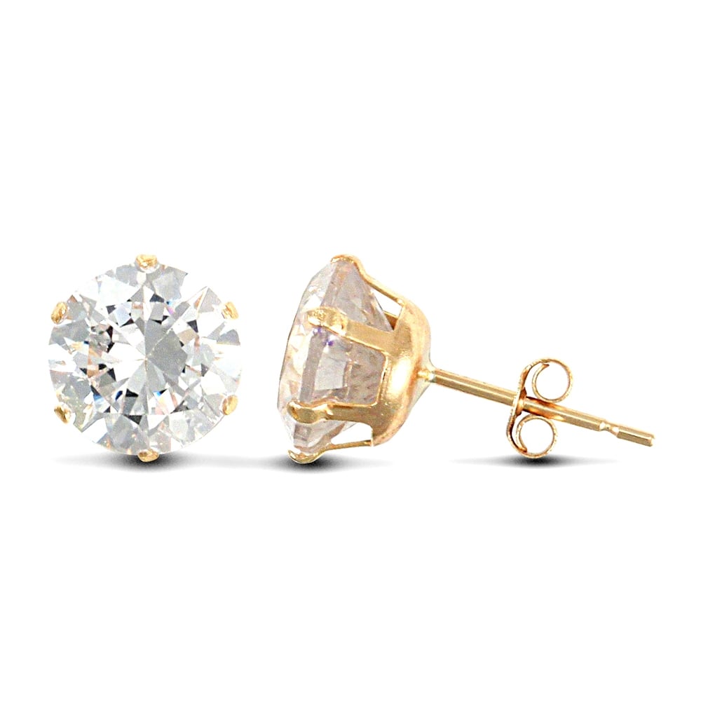 9ct Yellow Gold White Round Brilliant Cubic Zirconia 6 Claw Solitaire Stud Earrings, 7mm