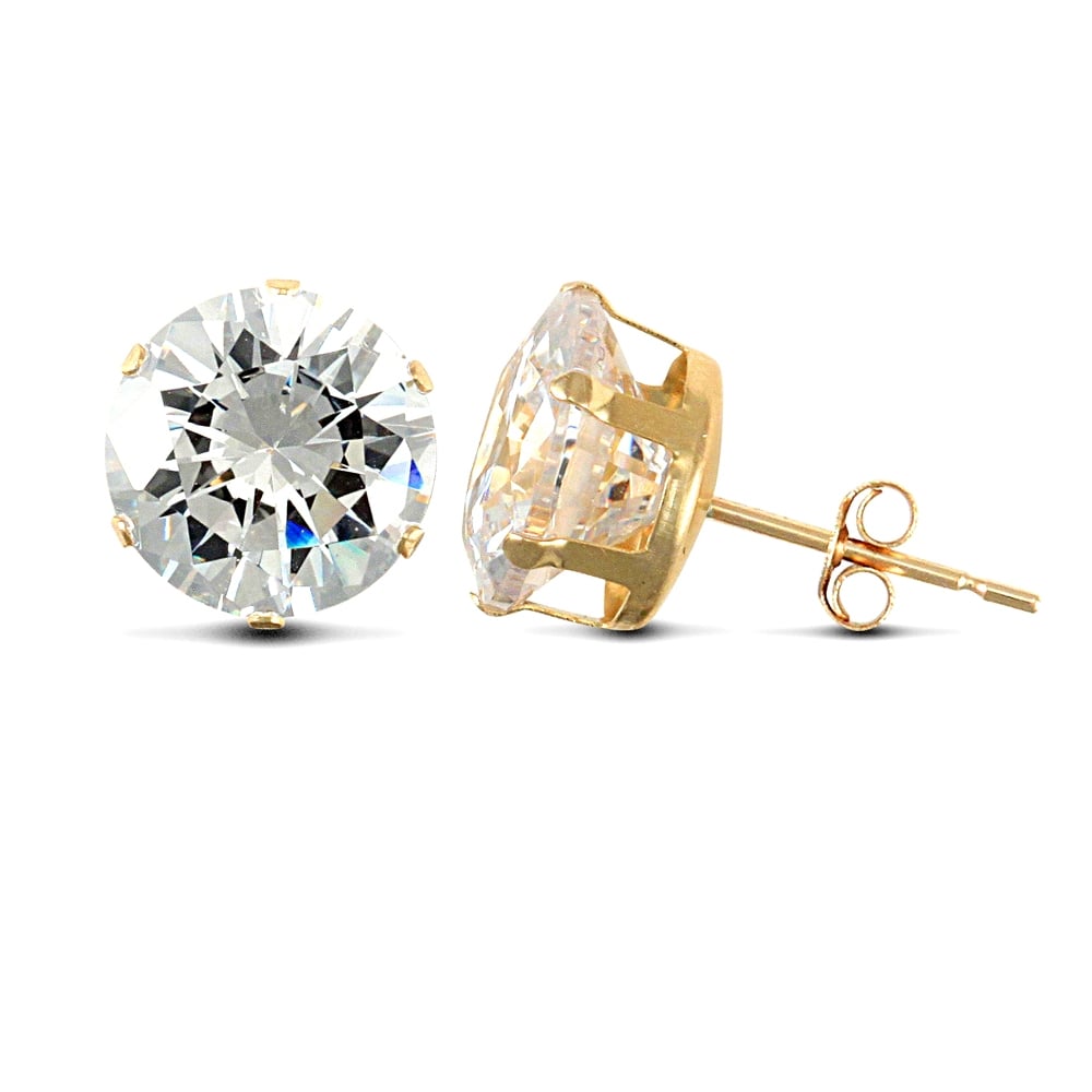9ct Yellow Gold White Round Brilliant Cubic Zirconia 6 Claw Solitaire Stud Earrings, 10mm