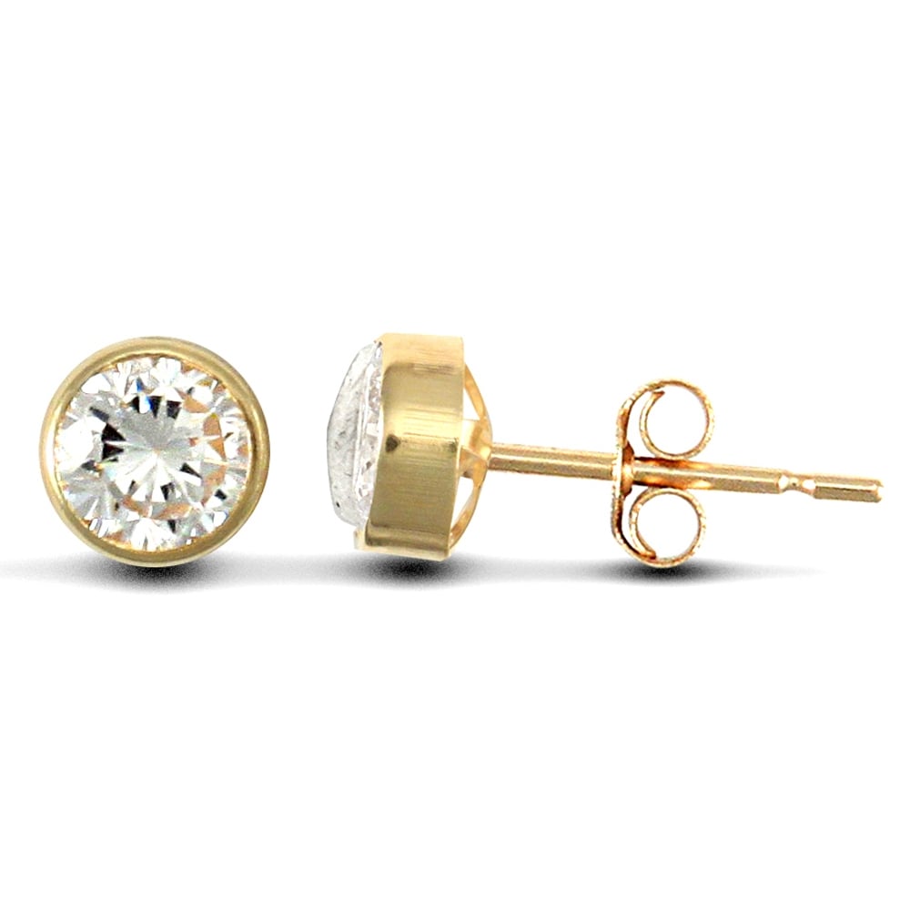 9ct Yellow Gold White Round Brilliant Cubic Zirconia Rub Over Solitaire Stud Earrings, 4mm