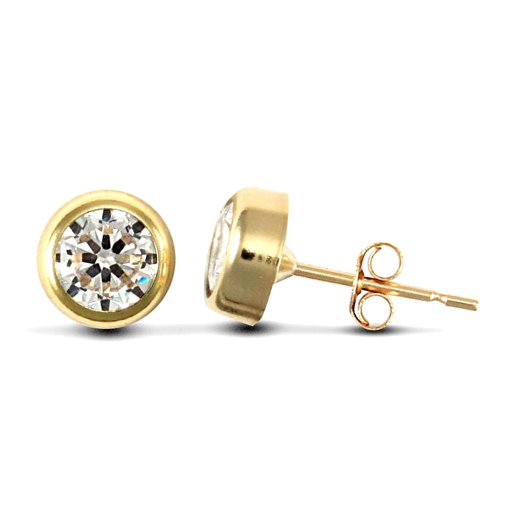 9ct Yellow Gold White Round Brilliant Cubic Zirconia Rub Over Solitaire Stud Earrings, 5mm