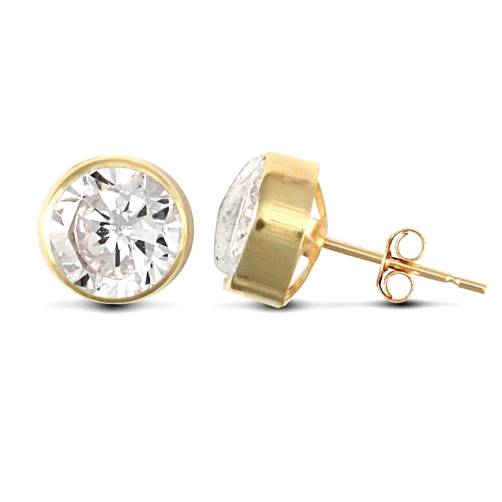 9ct Yellow Gold White Round Brilliant Cubic Zirconia Rub Over Solitaire Stud Earrings, 7mm