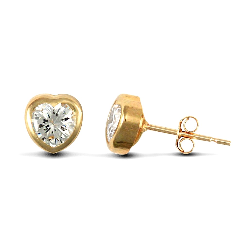 Ladies 9ct Yellow Gold White Heart Cubic Zirconia Rub Over Solitaire Love Heart Stud Earrings