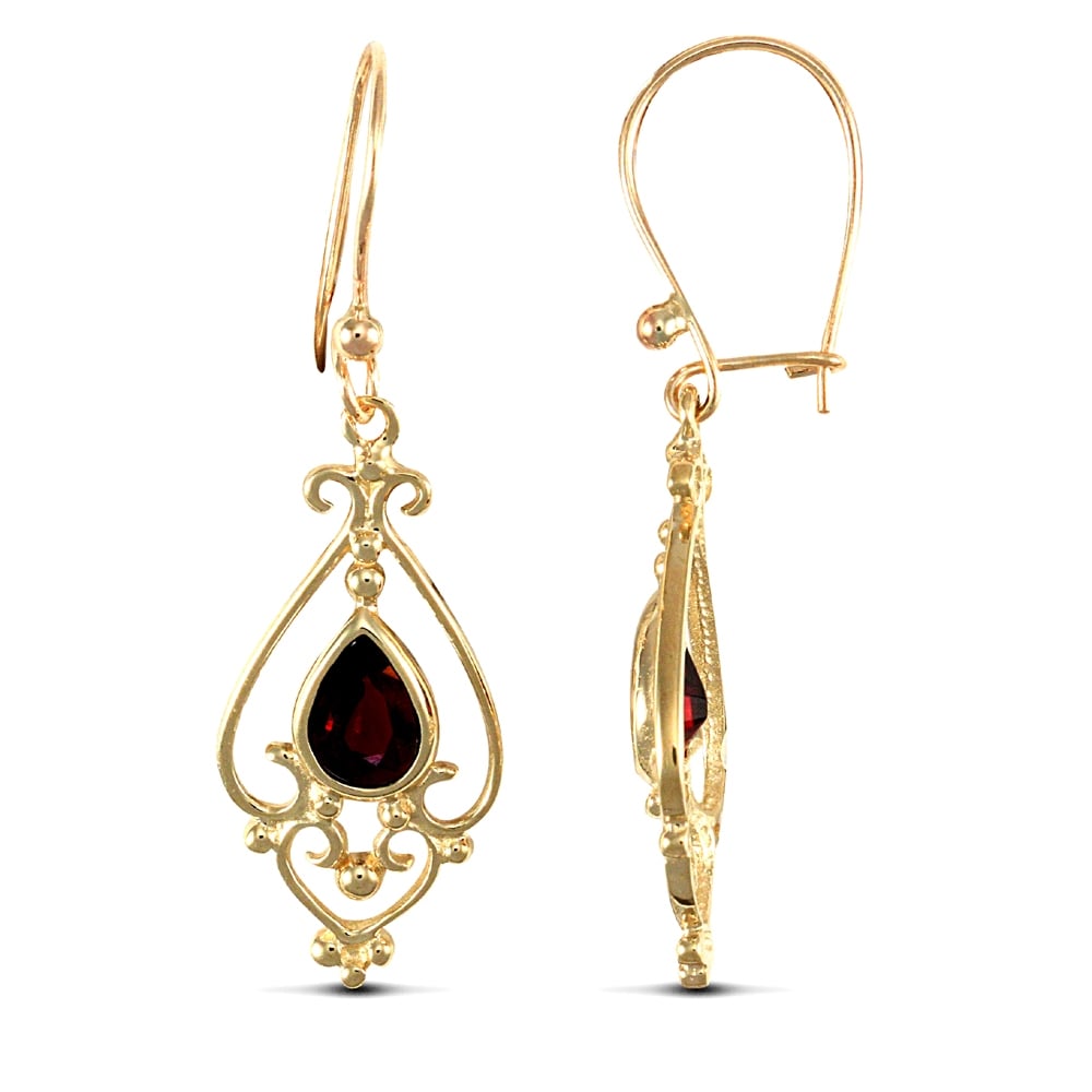 Ladies 9ct Yellow Gold Red Pear Garnet Tears of Joy Chandelier Drop Earrings