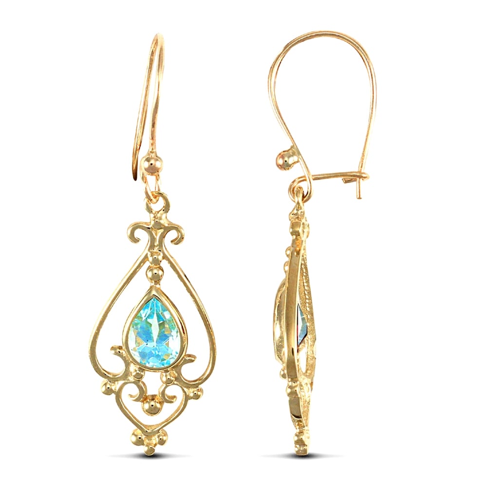 Ladies 9ct Yellow Gold Light Blue Pear Topaz Tears of Joy Chandelier Drop Earrings