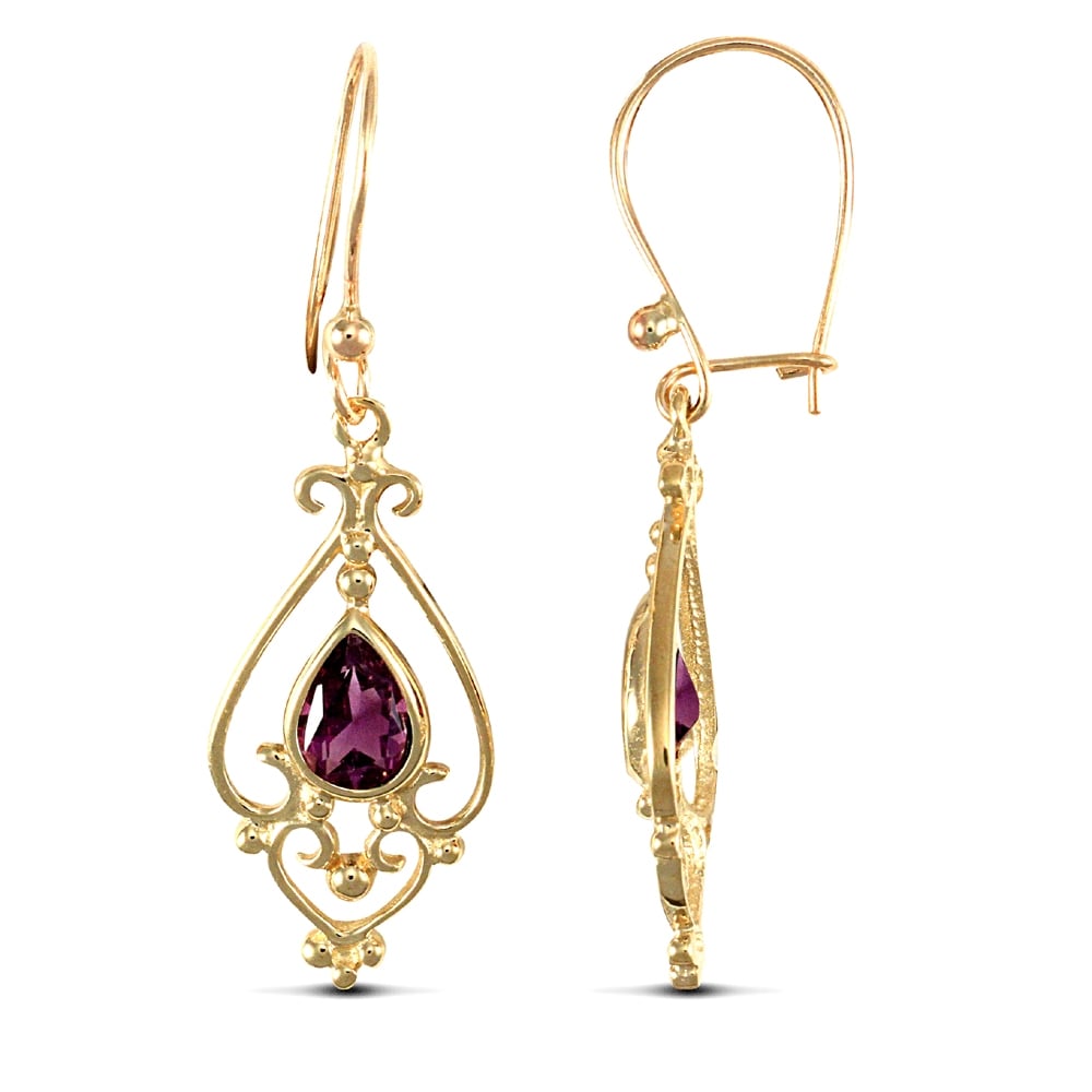 Ladies 9ct Yellow Gold Purple Pear Amethyst Tears of Joy Chandelier Drop Earrings