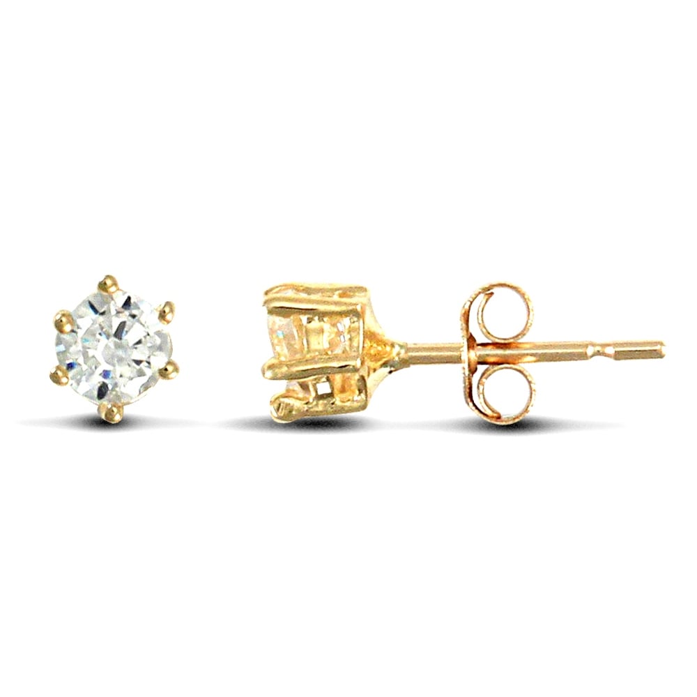 Solid 9ct Yellow Gold White Round Brilliant Cubic Zirconia 6 Claw Solitaire Heavy Weight Stud Earrings, 3mm