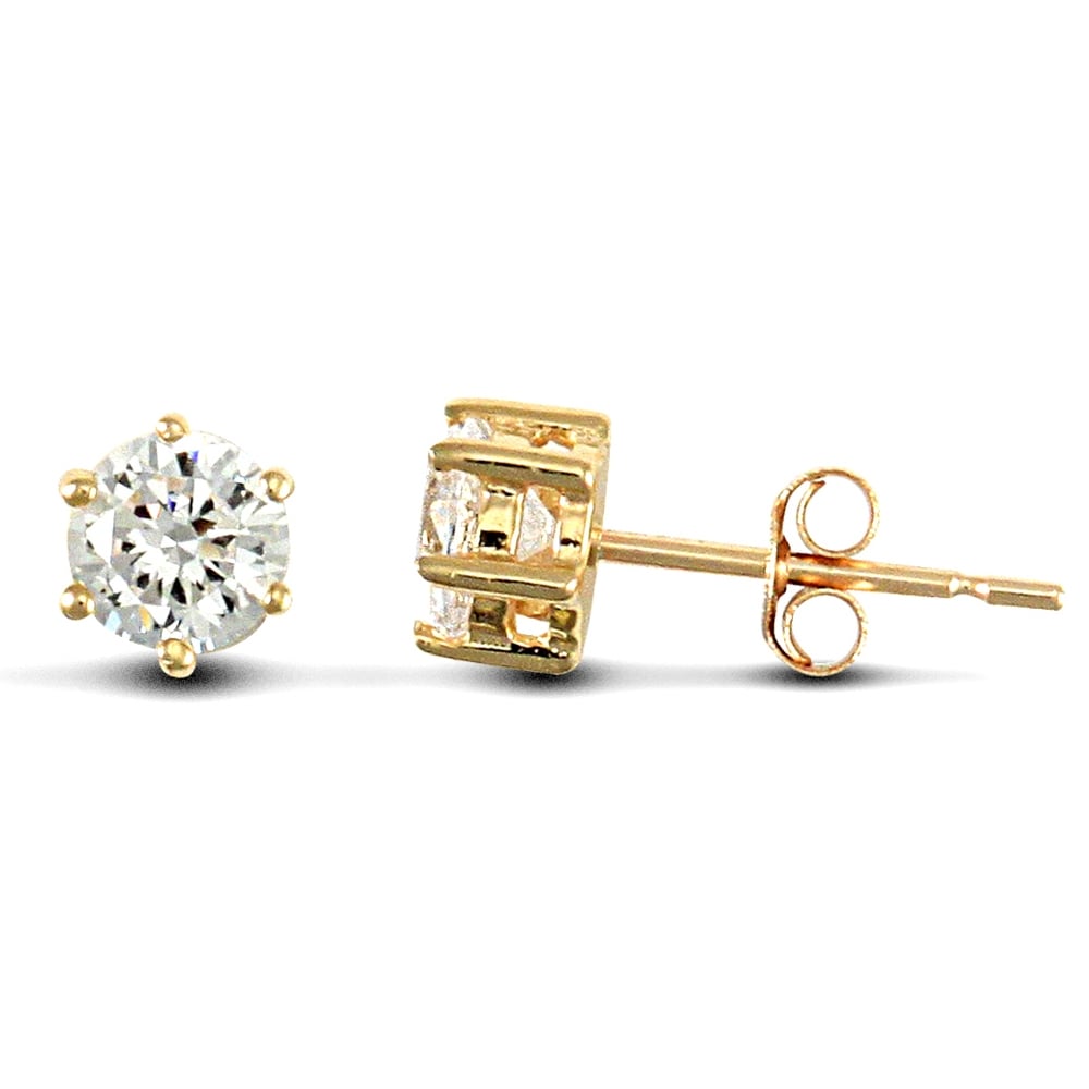 Solid 9ct Yellow Gold White Round Brilliant Cubic Zirconia 6 Claw Solitaire Heavy Weight Stud Earrings, 4mm