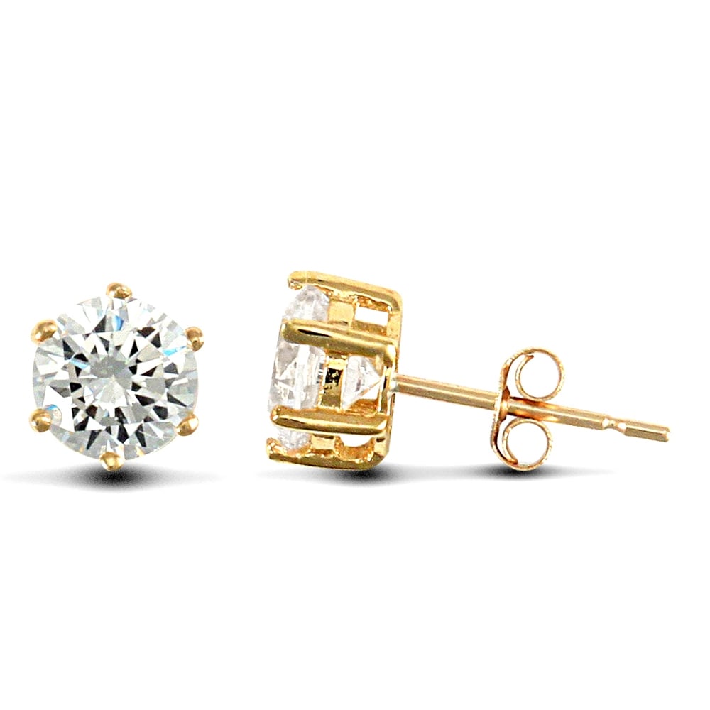 Solid 9ct Yellow Gold White Round Brilliant Cubic Zirconia 6 Claw Solitaire Heavy Weight Stud Earrings, 5mm