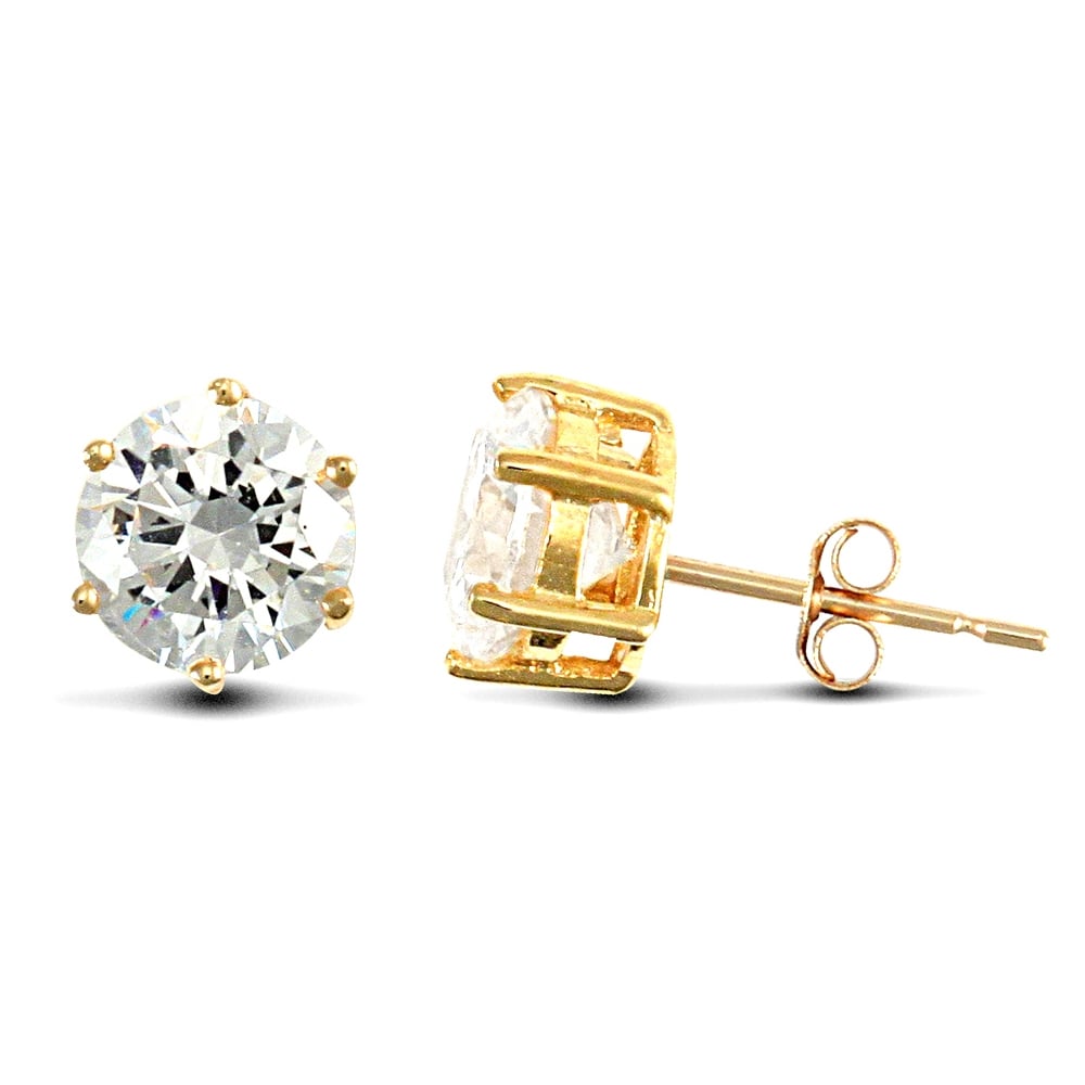 Solid 9ct Yellow Gold White Round Brilliant Cubic Zirconia 6 Claw Solitaire Heavy Weight Stud Earrings, 6mm