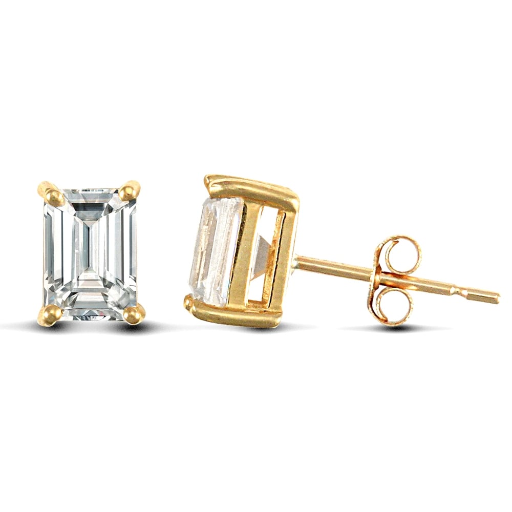 Solid 9ct Yellow Gold White Emerald Cut Cubic Zirconia 4 Claw Solitaire Heavy Weight Stud Earrings, 7x5mm