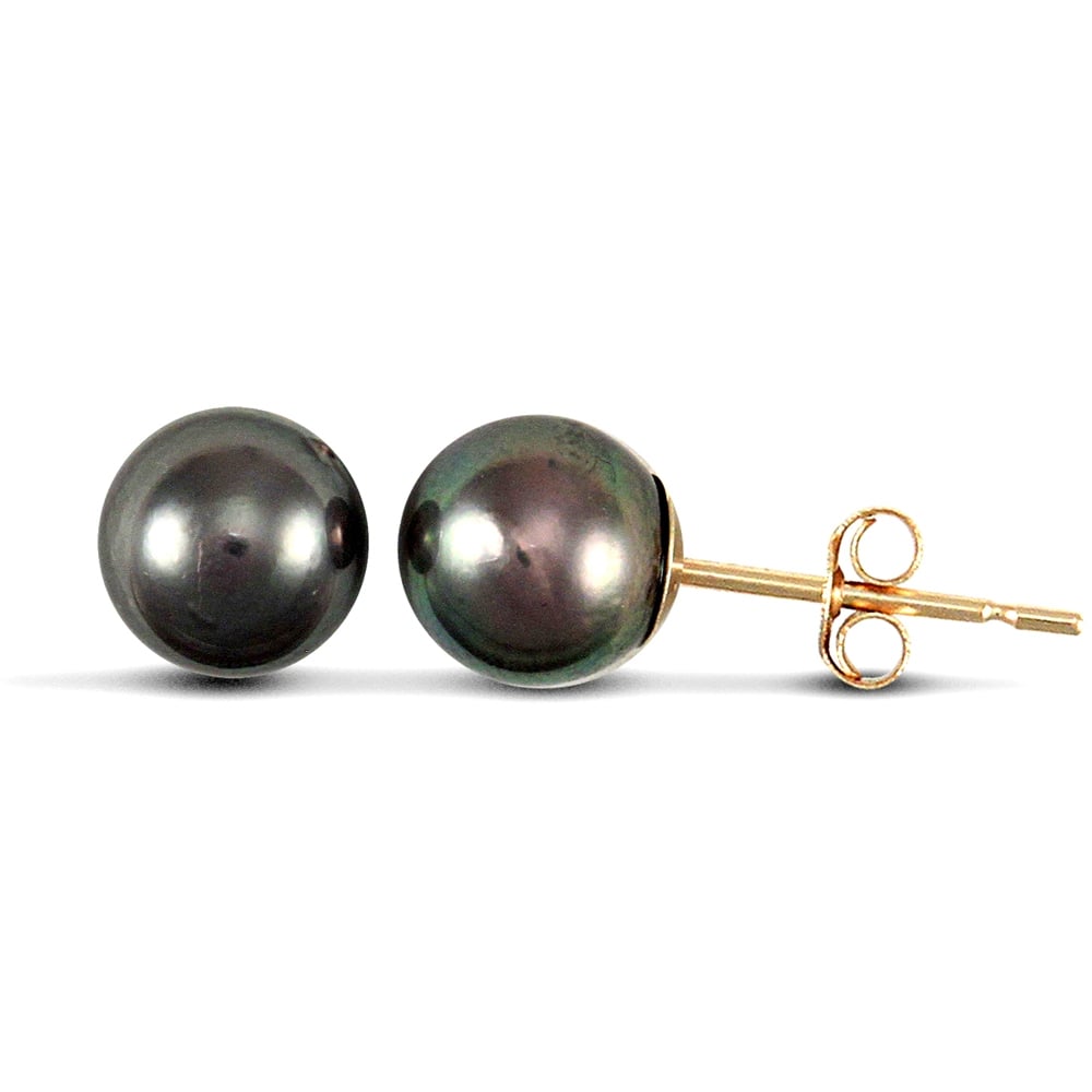 Ladies 9ct Yellow Gold Black Seawater Cultured Akoya Pearl Full Moon Stud Earrings 6-6.5mm