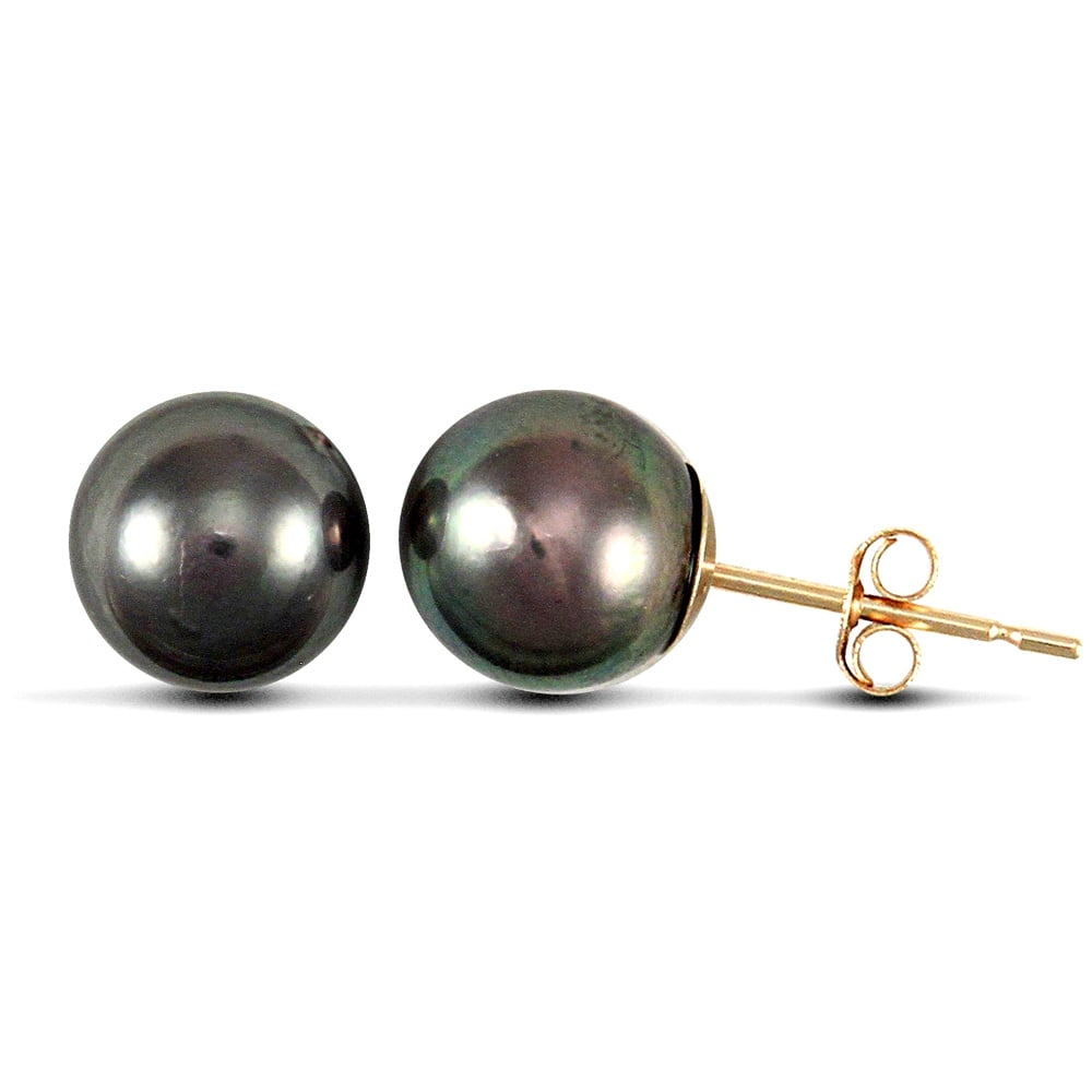 Ladies 9ct Yellow Gold Black Seawater Cultured Akoya Pearl Full Moon Stud Earrings 7-7.5mm