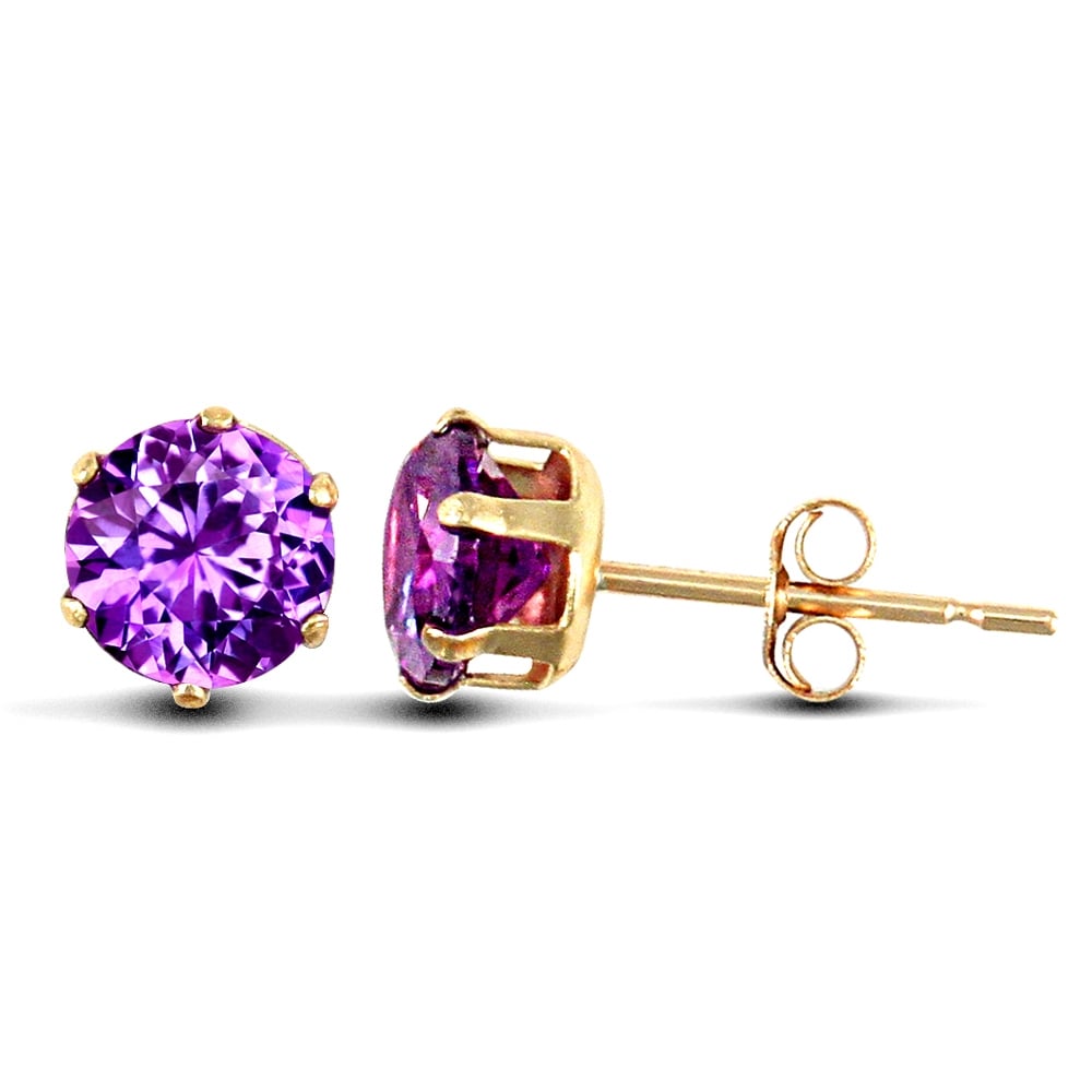 Ladies 9ct Yellow Gold Purple Round Brilliant Cubic Zirconia Solitaire Claw Set Stud Earrings, 5mm
