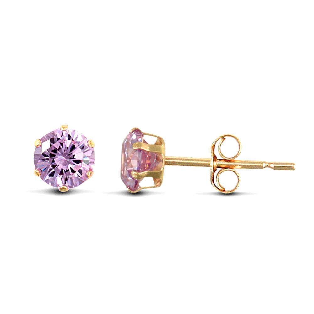 Ladies 9ct Yellow Gold Lilac Round Brilliant Cubic Zirconia Solitaire Claw Set Stud Earrings, 3mm