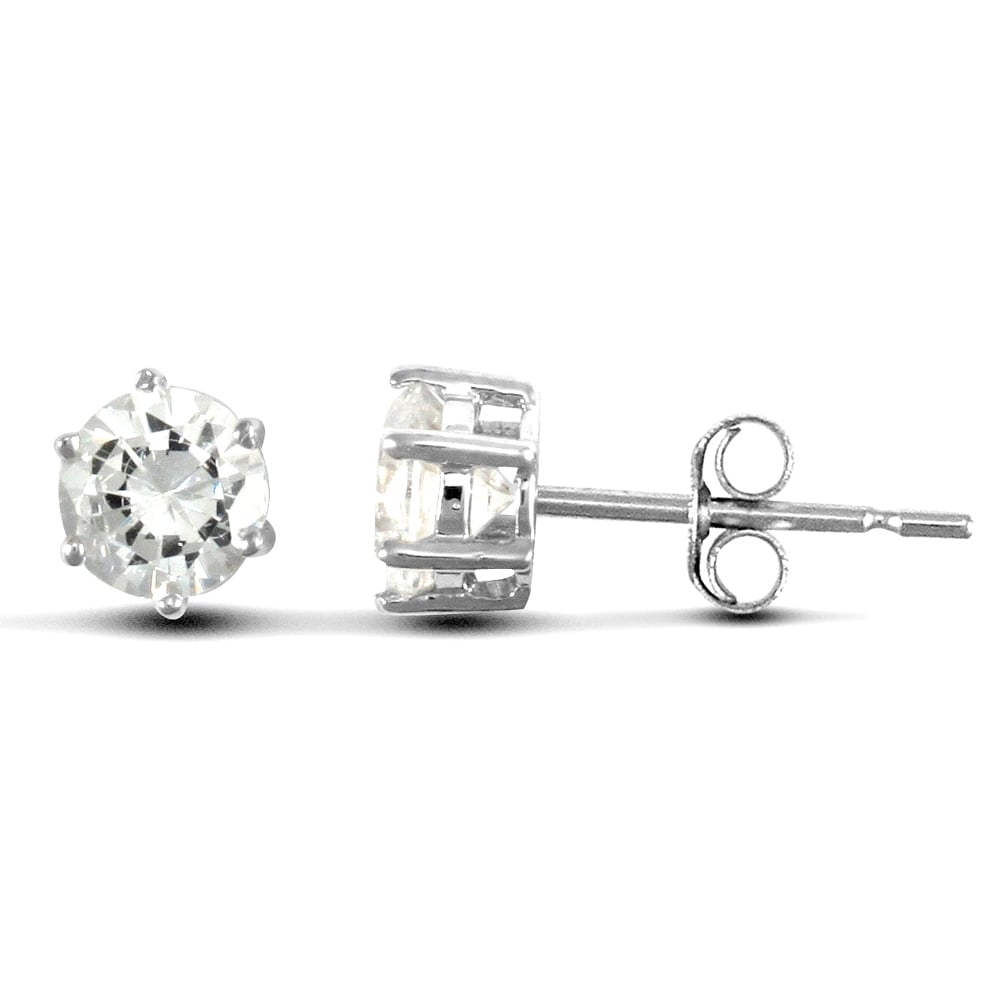 Solid 9ct White Gold White Round Brilliant Cubic Zirconia 6 Claw Solitaire Heavy Weight Stud Earrings, 5mm