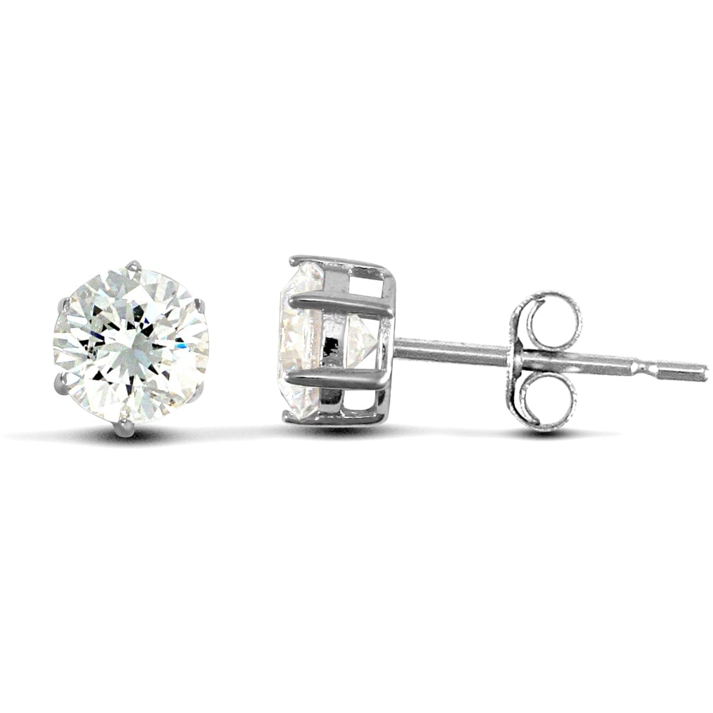 Solid 9ct White Gold White Round Brilliant Cubic Zirconia 6 Claw Solitaire Heavy Weight Stud Earrings, 6mm