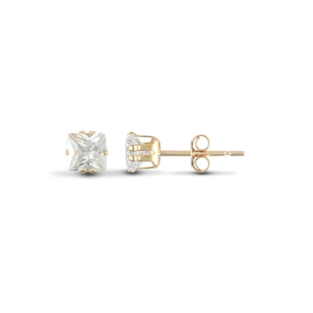 9ct Yellow Gold White Square Cubic Zirconia Claw Set Solitaire Stud Earrings, 6mm