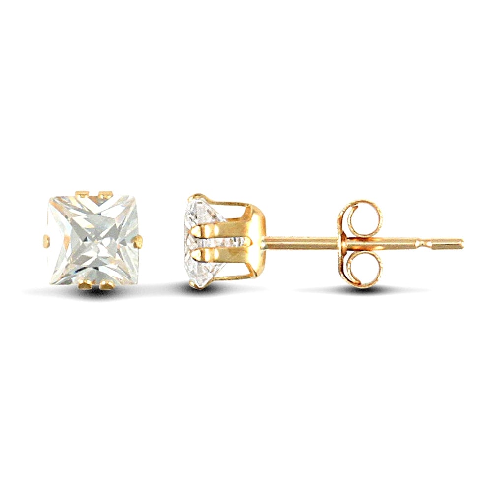 9ct Yellow Gold White Square Cubic Zirconia Claw Set Solitaire Stud Earrings, 4mm